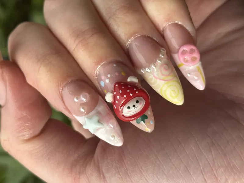 Yassie Nailzz Pasen nagels met rilakkuma figuurtjes, knopen en kuiken 3D sculpted